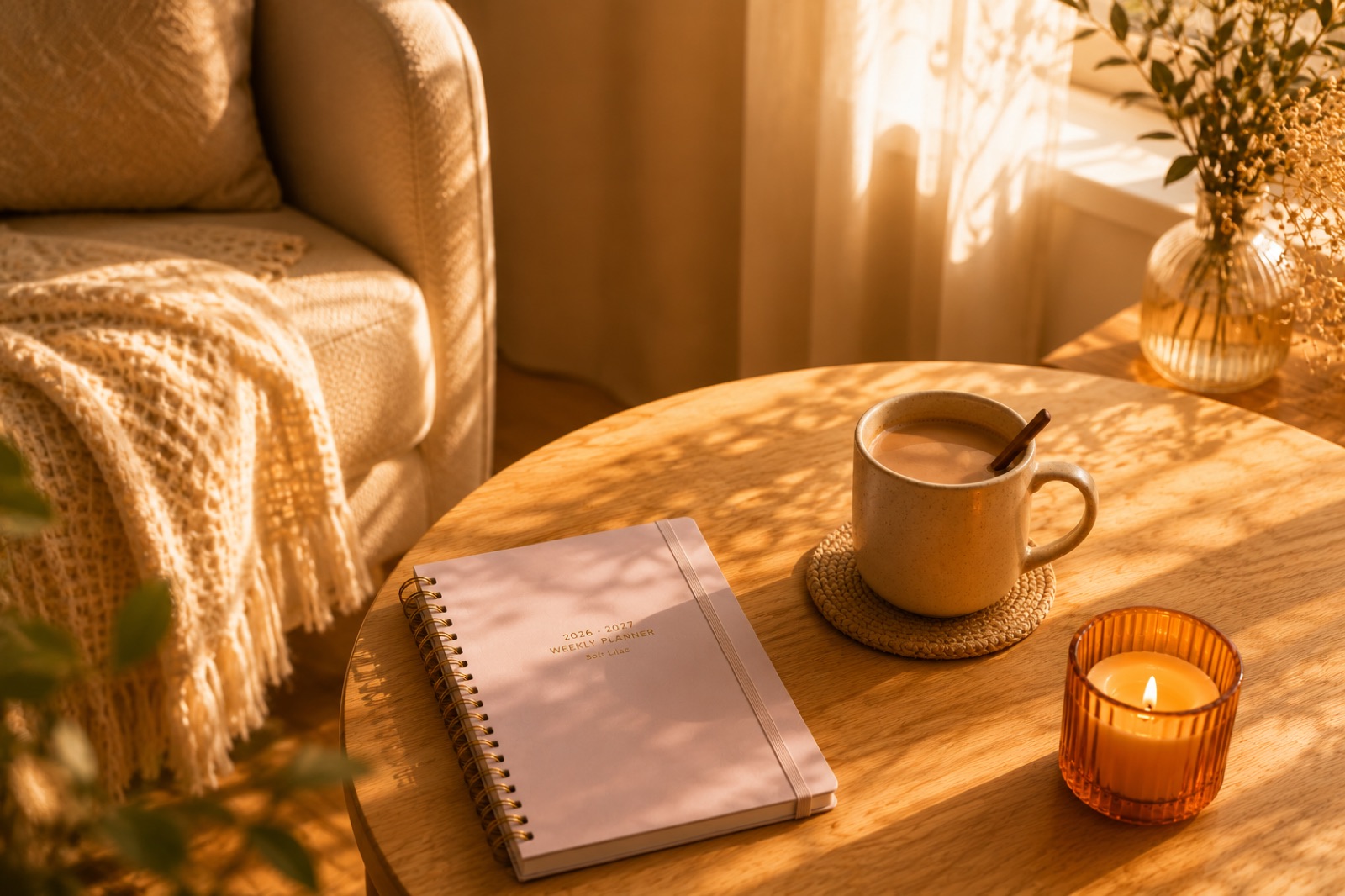 Una libreta junto a una taza en un espacio cálido y tranquilo